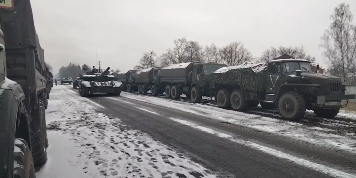 The movement of a Russian column of tanks, infantry fighting vehicles and other vehicles during the war in Ukraine. Mil.ru, CC BY 4.0 .