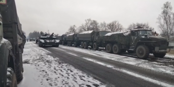 The movement of a Russian column of tanks, infantry fighting vehicles and other vehicles during the war in Ukraine. Mil.ru, CC BY 4.0 .